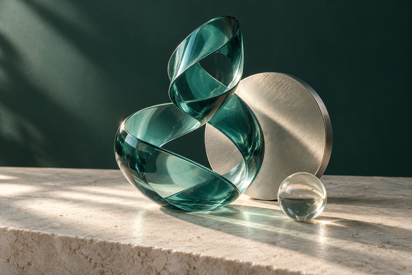 An abstract translucent teal glass ribbon sculpture in directional light